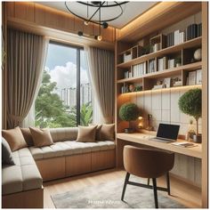 a living room filled with lots of furniture and a laptop on top of a desk