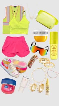 the contents of a woman's outfit including shoes, sunglasses and other items