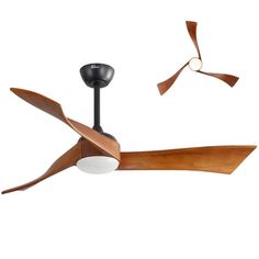 a ceiling fan with two wooden blades on top of it and one light on the side