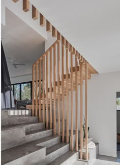 the stairs in this modern house are made of wood