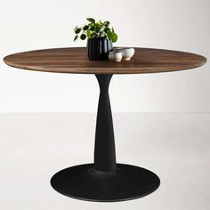 a round wooden table with black legs and a potted plant on top