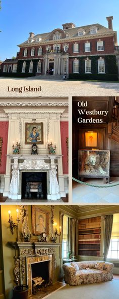 there are pictures of the inside of an old house and in front of it is a fireplace