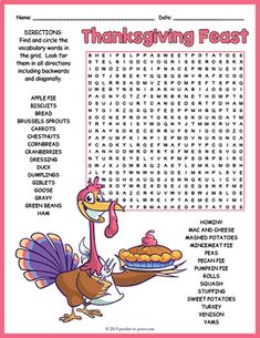 a thanksgiving word search with a turkey holding a pie on it's plate and the words, thanksgiving feast