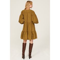 Brown cotton (100% Cotton). Shift. Long sleeves. V-neck. Pull on. 34.5" from shoulder to hemline. Imported. Casual V-neck Peasant Dress For Spring, Cotton Puff Sleeve Long Sleeve Dress For Daywear, Casual Long Sleeve Cotton Puff Sleeve Dress, Fall V-neck Puff Sleeve Dress For Work, Long Sleeve Cotton Puff Sleeve Dress For Spring, Chic Cotton Puff Sleeve Dress For Fall, Cotton Puff Sleeve Long Sleeve Dress For Spring, Relaxed Fit Ruffled Dress For Fall, Cotton Long Sleeve Puff Sleeve Dress For Spring