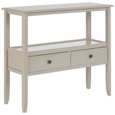 a white wooden table with two drawers on one side and an open drawer at the bottom