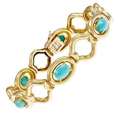 1960's Tiffany & Co 18k yellow gold hinged link bracelet. GIA certified natural untreated 6 oval Turquoise set in 18k yellow gold. 7 inches in length. 6 oval cabochon blue Turquoise, no treatment, 7.86 x 5.49 x 3.31mm, GIA certificate #2173627958 18k yellow gold Tested and stamped: 18k Hallmark: Tiffany & Co 33.3 grams Length: 7 inches – Width: 13.85mm – Depth: 5.82mm Turquoise Bracelet Gold, Tiffany And Co Bracelet, Gold Link Necklace, Tiffany Diamond, Modern Bracelets, Gold Link Bracelet, Yellow Jewelry, Gold Link, 18k Gold Jewelry