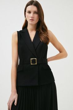 This Dress Is The Epitome Of Modern Elegance. Beautifully Tailored Using A Recycled Polyester Blend, The Piece Gently Defines Your Figure Using Expertly Placed Panelling And A Metal-Trimmed Waist-Cinching Belt. Forming The Appearance Of Sleek Separates, The Waistcoat-Style Bodice Is Layered Over A Pleated Skirt That Falls Gracefully At The Ankle. Finish With Monochrome Accessories For A Deniably Striking Occasionwear Look.  As Part Of Our Mission To Make The World A Better Place, We'Re Being Mor Elegant Workwear Dresses With Belt Loops, Fitted Dress With Belt Loops For Work, Elegant Belted Dress For Work, Chic Sleeveless Belted Formal Dress, Elegant Business Dresses With Belt, Chic Belted Dress With Belt Loops, Chic Fitted Belted Dress With Self Belt, Chic Fitted Belted Dress, Chic Belted Dress For Work With Belt Loops