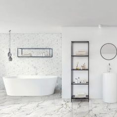 a bathroom with marble flooring and white fixtures, including a freestanding bathtub