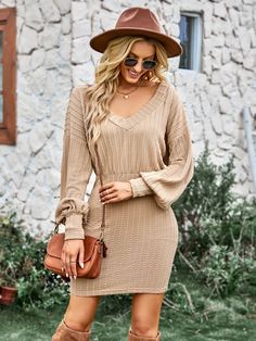 Textured Balloon Sleeve V-Neck Dress V-neck Bodycon Dress For Day Out, V-neck Bodycon Dress For Brunch, Casual V-neck Bodycon Dress For Day Out, Casual Beige Bodycon Dress For Fall, V-neck Dresses For Brunch In Fall, Bodycon V-neck Mini Dress For Fall, V-neck Bodycon Mini Dress For Fall, Casual Bodycon V-neck Dress, V-neck Dresses For Fall Brunch