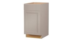 a white cabinet with a wooden door and drawers on the bottom shelf, against a white background