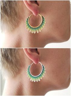 two pictures of the same earring, one with green beads and one with white beads