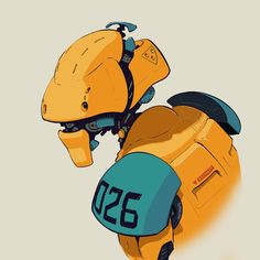 a drawing of a person wearing a yellow helmet and blue jacket with numbers on it