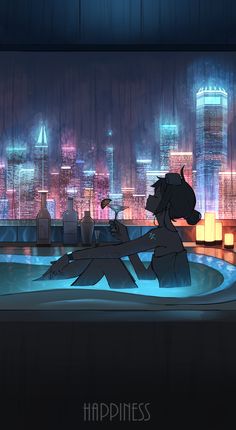 an animated image of two people sitting in a hot tub with city lights behind them