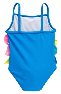 Your kiddo will love every pool day splashing around in this cute one-piece swimsuit featuring rainbow-colored ruffles with eyelet and scalloped details. Pull-on style Lined 82% nylon, 18% elastane Machine wash, line dry Imported Playful Ruffled Tankini For The Beach, Playful Ruffled Tankini For Beach Season, Blue Ruffled Tankini For Swimming, Beach Season Ruffled Swimwear, Blue Sleeveless Playwear Tankini, Cute Ruffled Swimwear For Poolside, Playful Ruffled Swimwear For The Pool, Playful Multicolor Swimwear With Ruffles, Playful Ruffled Swimwear