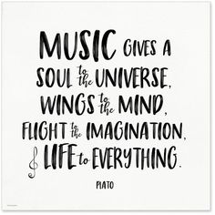 "Music give a soul to the universe, wings to the mind, flight to the imagination and life to everything." -PlatoBeautiful quote for music and literature lovers everywhere.Available plain paper, laminated or framed in two sizes: 12" x 12" and 18" x 18." Custom Framing Information:Our 12" x 12" print is framed using our custom built Soho black solid wood frame, 1 inch black matte and glass. Finished framed size is 13.5" x 13.5." Our 18" x 18"  print is framed using our custom built Soho black soli Inspirational Poetry Quotes, Music Quotes Deep, Plato Quotes, Inspirational Music Quotes, Quotes Dream, Music Background, Quote Art Print, Inspirational Music, Music Quotes Lyrics Songs