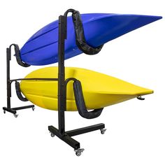 two surfboards are attached to a rack with wheels on each side and one is blue and yellow