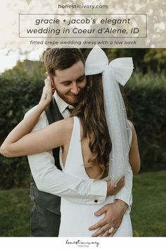 a bride and groom embracing each other with the caption grace + jacob's elegant wedding in court d'alene, id