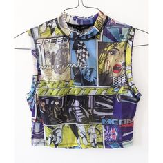 Comes As Pictured Colorful Comic Racing Theme Graphic Print Mesh Crop Top Material: 82% Nylon, 18% Spandex Woman's Size: Large Great To Wear For A Special Event Like Comic Con Or Concert, For Working Out At The Gym Or Doing Yoga, Or Just Wear Casually! Y2k Summer Top With Character Print, Y2k Style Character Print Summer Top, Trendy Graffiti Print Summer Tops, Pop Culture Tops For Streetwear In Spring, Summer Streetwear Tops With Character Print, Summer Tops With Character Print For Streetwear, Fitted Summer Tops With Retro Print, Retro Stretch Crop Top With Graphic Print, Retro Stretch Graphic Print Crop Top