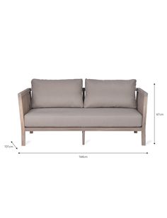 the size and width of a sofa with two pillows on it, along with measurements for each