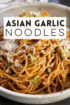 Asian Garlic Noodles is a quick and easy 20-minute noodle stir-fry that's made using your favorite noodles in a delicious sauce made with garlic, butter, soy sauce, and parmesan cheese. Perfect for anyone who loves garlic! Noodle Ideas For Dinner, Garlic Noodles Recipe Asian, Asian Garlic Noodles, Saucy Noodles, Asian Veggies, Chipotle Pasta, Garlic Noodles Recipe, Asian Noodle Dishes