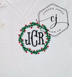 Check out this adorable monogrammed Christmas shirt! Perfect for Christmas parties, pictures with Santa, And to wear all season long! The shirt is a white long sleeve polo shirt and features a rustic/farmhouse style wreath and monogram that are embroidered directly onto the shirt using thread. Machine wash Cold, hang to dry, warm iron inside out, do not dry clean. Christmas Monogram Shirt, Farmhouse Style Wreath, Santa Pictures, Santa Outfit, Christmas Monogram, Rustic Farmhouse Style, Christmas Parties, Christmas Shirt, Dress Shirts