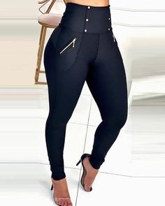 Women'S Solid Color High Waist Skinny Trousers sold by shiook on Storenvy Outfits Black Women Casual, Classy Outfits Black, Classy Outfits Black Women, High Waisted Pants Outfit, Pu Skirt, Printed Yoga Pants, Classic Style Outfits, Casual Chique, Pants Women Fashion