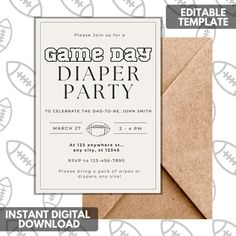 an image of a football party card with the text game day diaper party on it