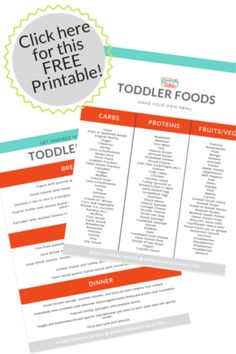 two free printable menus for toddler foods, with the title click here for this free printable