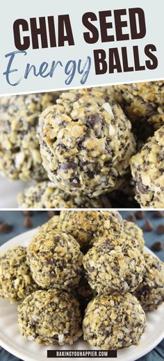 chocolate chip energy balls on a plate with text overlay that reads, chia seed energy balls