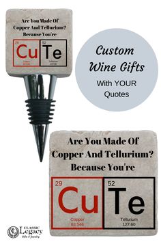 two wine bottle openers with the words cute on them, and an image of a