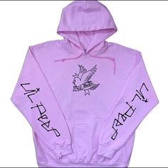 This Is The Lil Peep Hoodie With Cry Baby Twitter Bird Design On The Front And Lil Peep Design On The Sleeves On A Pink Hoodie With Black Designs. Lil Peep Merch, Peep Wallpaper, Twitter Bird, Lil Peep Hoodie, Anime Bad, Unrealistic Wishlist, Lacrosse Hoodie, Lil Peep Hellboy, Black Designs