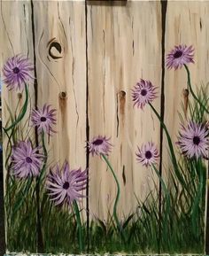 a painting of purple daisies on a fence painted with acrylic and wood