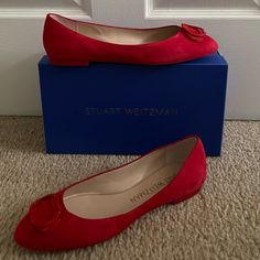 Stuart Weitzman - Never Worn - Red In Color - 9.5 Us Elegant Flats With Red Sole, Elegant Red Low Heel Flats, Elegant Red Flats For Formal Occasions, Elegant Evening Flats With Red Sole, Red Round Toe Flats For Evening, Formal Pointed Toe Flats With Red Sole, Elegant Closed Toe Flats With Red Sole, Formal Closed Toe Flats With Red Sole, Elegant Red Slip-on Flats