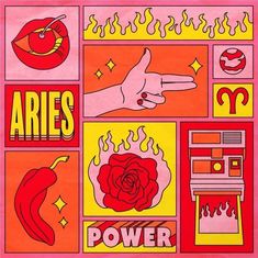 an advertisement for aries with images of roses, hot peppers and other things on it