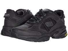 SKECHERS Vigor 3.0 - Men's Shoes : Black/Black : The SKECHERS Vigor 3.0 sneaker will keep you ready for action with an athletic-style design and optimal comfort features. Nubuck leather upper with synthetic overlays and mesh panels for added cooling. Lace-up design provides a secure fit. Round toe with reinforcement at the bumper. Padded collar and tongue. Signature logo details at the tongue, side, and heel panel. Breathable fabric lining. Memory Foam cushioned insole provides all-day comfort. Black Impact Resistant Lace-up Sneakers, Athletic Fit Slip-resistant Running Shoes For Streetwear, Slip-resistant Synthetic Walking Shoes For Streetwear, Sports Sneakers With Vented Sides, Sports Sneakers With Vented Sides And Lace-up, Slip-resistant Mesh Walking Shoes For Sports, Slip-resistant High-top Leather Running Shoes, Slip-resistant Leather High-top Running Shoes, Leather High-top Slip-resistant Running Shoes