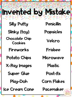 an invented by mistake poster with the words silly putty and chocolate chips