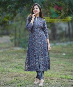 Pure Silk Suit Designs Indian Latest, Suit With Collar Neck, Kurti Set Designs Latest Cotton, Per Kurti Design, Neck Design For Kurta For Women, Cotton Ajrakh Kurti, Pure Silk Dress Design, Ajrakh Kurta Designs Latest, Ajrakh Print Kurti Design