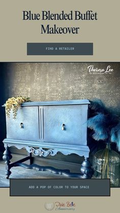 blue painted buffet makeover with text overlay