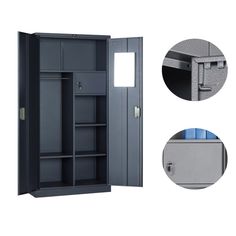 an open metal storage cabinet with doors and shelves on both sides, including the door