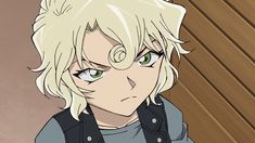 an anime character with blonde hair and green eyes looks at the camera while standing in front of a wooden wall