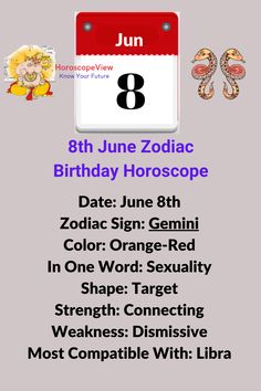 an image of a birthday card for the 8th june zodiac horoscope date 8h