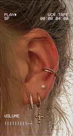 the ear has three different types of piercings on it and is attached to an earring