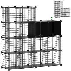 several shelves with bins stacked on top of each other