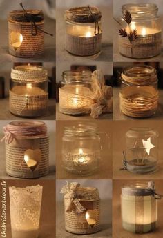 many different jars with candles in them