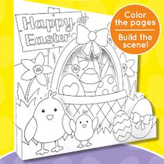 a coloring book with an easter scene on the cover and text that reads happy easter color the pages build the scene