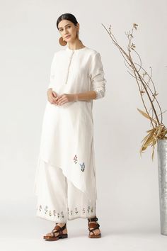 Ecru Tunic With Pant Spring Linen Tunic With Embroidery, Elegant White Tunic With Floral Embroidery, Spring Kurta With Embroidered Hem And Long Sleeves, Spring Long Sleeve Kurta With Embroidered Hem, White Straight Kurta Tunic For Spring, White Asymmetrical Hem Tunic For Spring, Payal Pratap, Tunic With Pants, Asymmetric Tunic