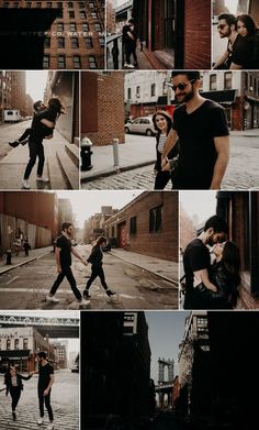 a collage of people walking down the street with buildings in the background and one person holding onto another man's arm