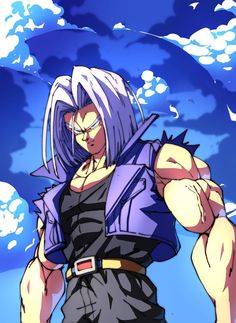 an anime character with purple hair and blue eyes is posing for the camera in front of clouds