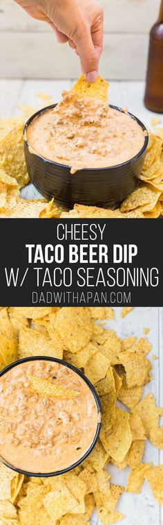 cheesy taco beer dip in a black bowl with tortilla chips