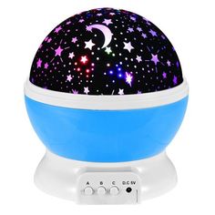 a blue and white speaker with stars on the top is sitting in front of a white background